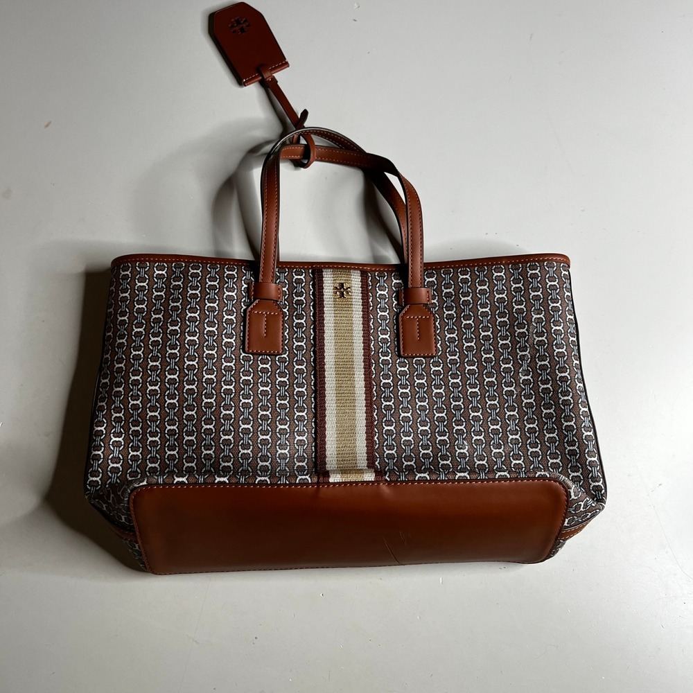 Tory Burch Gemini Link Canvas Tote Bag Brown White Chain Print Leather Trim
